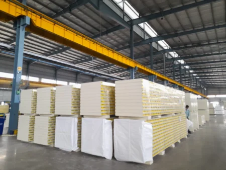 Insulated sandwich panels stacked at manufacturing facility
